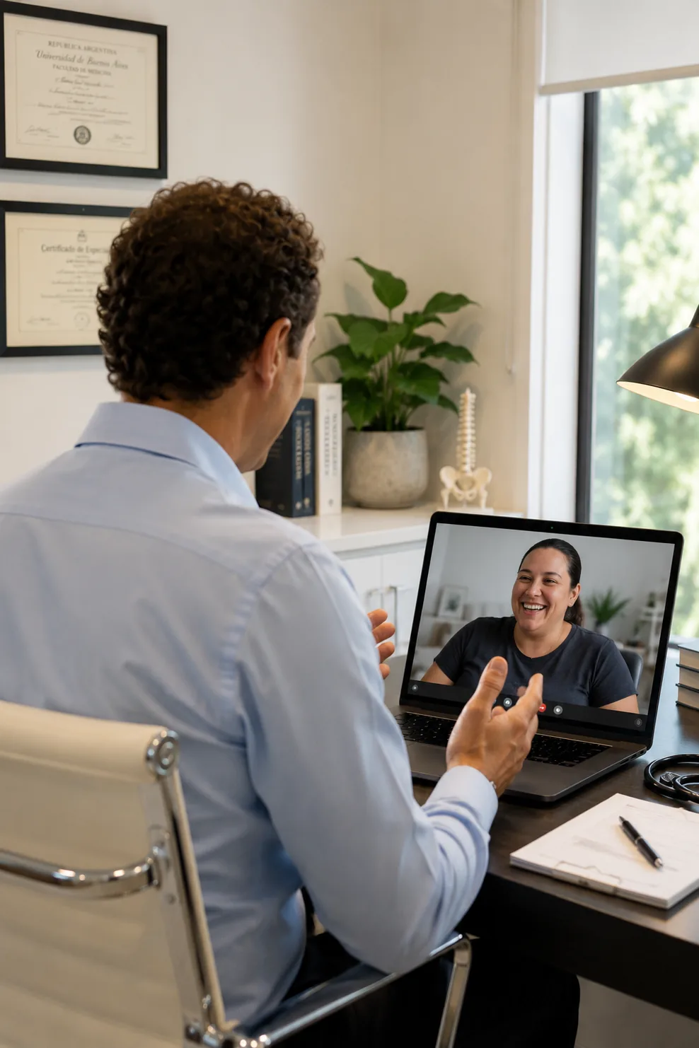 Médico en videoconsulta con una paciente desde su consultorio